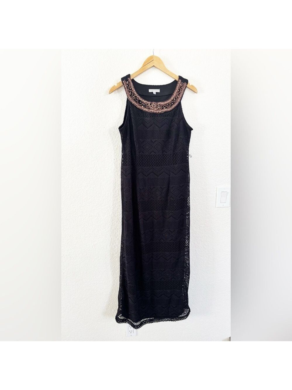 Sandra Darren Midi‎ Dress 12 Black Crochet Knit Beaded Neckline Sleeveless